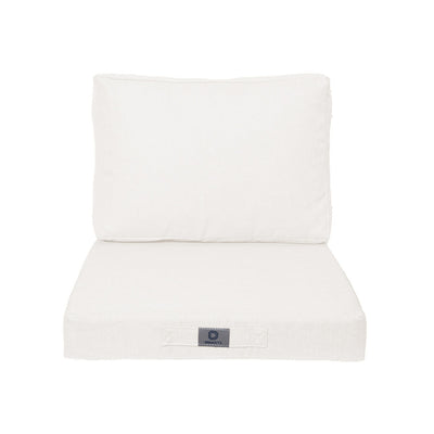Ensemble de coussins pour fauteuils en lin blanc cassé, déhoussables, pour assise et dossier, de style élégant et confortable.