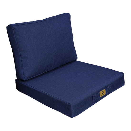 Ensemble de coussins pour fauteuils 50x50 cm en bleu indigo avec effet lin, déhoussable, pour assise et dossier.