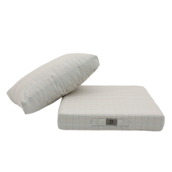 Détail tissu coussin beige chiné turquoise