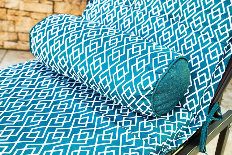 LOT de 2 Coussins pour Chaise Longue & Transat 195/60cm + 2 Traversin - AntiUV et Imperméable - Motif Géométrique Vert Turquoise - Deco-arts.fr