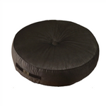 Deux poufs ronds en velours gris foncé, design doux avec poignées, pouf d’intérieur Deco-arts.fr, diamètre 50 cm.