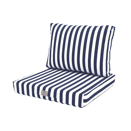 Ensemble de 2 coussins pour salon jardin 50x50 cm rayure bleu marine, assise et dossier, tissu premium 270g.