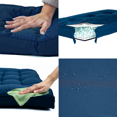 Ensemble de 3 coussins capitonnés bleu pétrole pour banquette, épais 15cm, comprenant 1 assise et 2 dossiers, pour fauteuils et canapés.