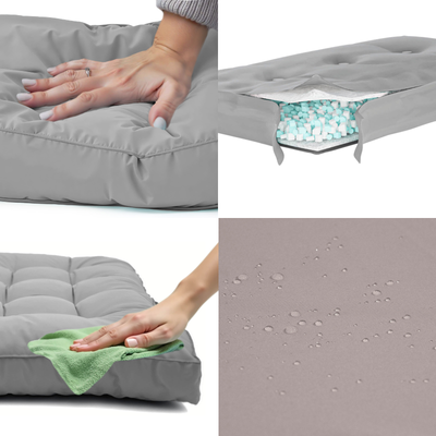 Coussins capitonnés gris galet pour banquette 120x60 cm, épais 15 cm, avec assise et dossiers pour fauteuils et canapés.