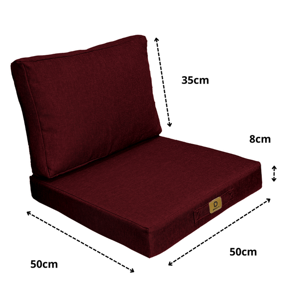 Ensemble de coussins prune pour fauteuils et canapés, effet lin, déhoussables, 50x50 cm, comprenant assise et dossier.