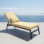 Matelas transat de bain de soleil jaune rayé, épais 10cm avec têtière, déhoussable, pour relaxation en extérieur.