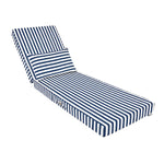 Matelas transat premium 190x60 cm en rayures bleu marine, épais 10 cm avec têtière, pour bains de soleil, déhoussable.