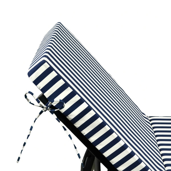 Matelas transat premium 190x60 cm en rayures bleu marine, épais 10 cm avec têtière, déhoussable pour bains de soleil.