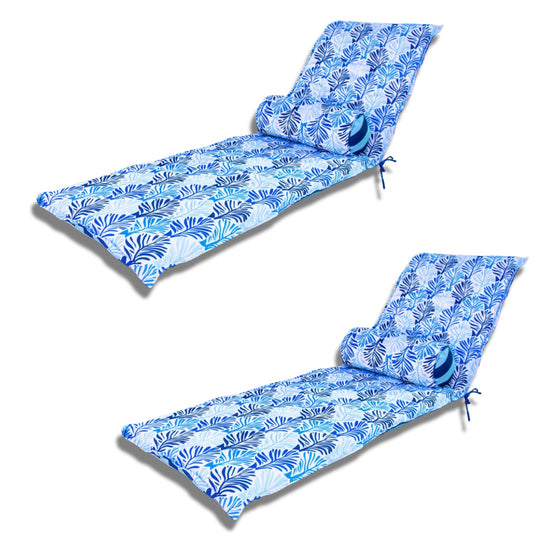 LOT de 2 Coussins pour Chaise Longue & Transat 195/60cm + 2 Traversin - AntiUV et Imperméable - Motif Feuillage Bleu - Deco-arts.fr