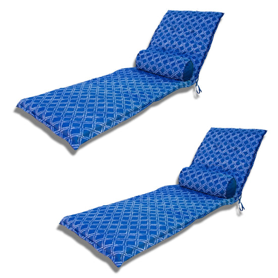 LOT de 2 Coussins pour Chaise Longue & Transat 195/60cm + 2 Traversin - AntiUV et Imperméable - Motif Nautique bleu - Deco-arts.fr