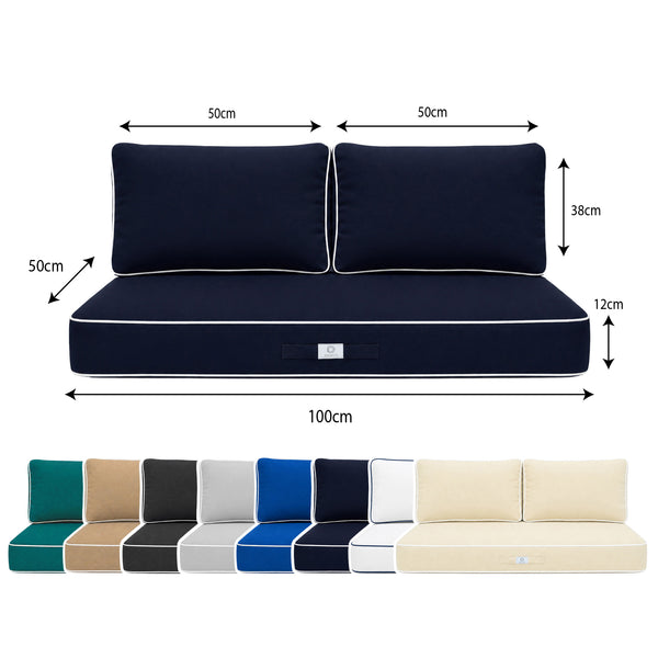 Set Cuscini Premium 100x50 Blu Marino - 1 Seduta + 2 Schienali (Spesso 12cm & Passepoil)