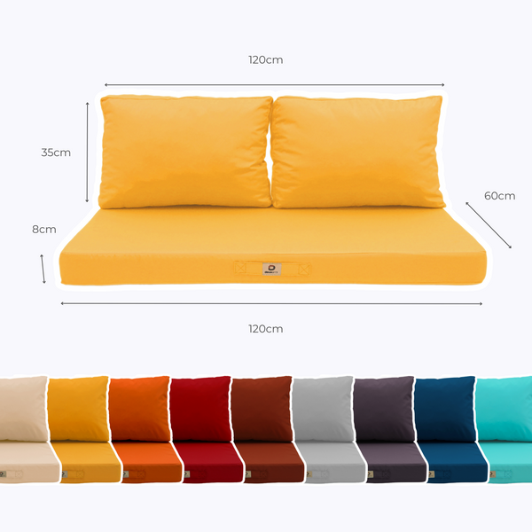 Ensemble de 3 coussins de salon jardin 120x60 cm jaune, déhoussables et anti-UV pour fauteuils et canapés.