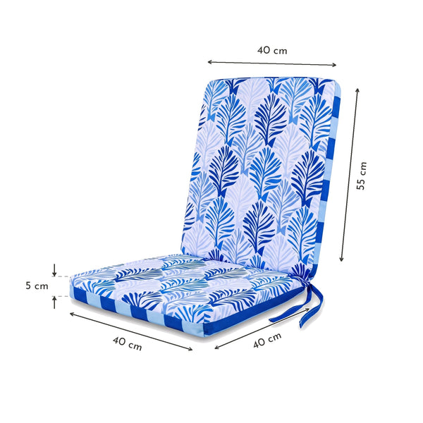 Cuscino per sedia schienale alto, Motivo Fogliame Blu – seduta 40 x 40 cm, schienale 55 x 40 cm, spessore 5 cm