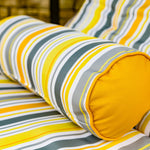 Matelas transat 195x60 cm à rayures solaires, avec traversin, anti-UV et déperlant, pour bains de soleil confortables.