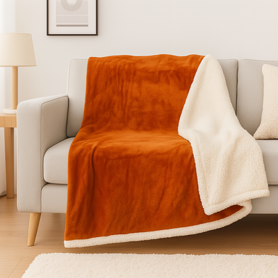 Plaid Sherpa Flanelle 480GSM 200x240 Terracotta DECO ARTS - Deco-arts.fr