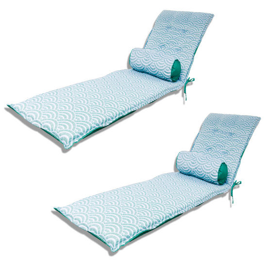 LOT de 2 Coussins pour Chaise Longue et Traversin 195x60x5cm & 45x18cm Motif Éventails Verts - Deco-arts.fr