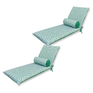 Set di 2 Cuscini Chaise Longue 195x60 Motif Éventails Verdes + 2 Cuscini Cilindrici - Anti-UV