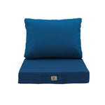 Ensemble de coussins pour salon de jardin Déco Arts, 60x70 cm, bleu pétrole, déhoussables et anti-UV, pour fauteuils et canapés.