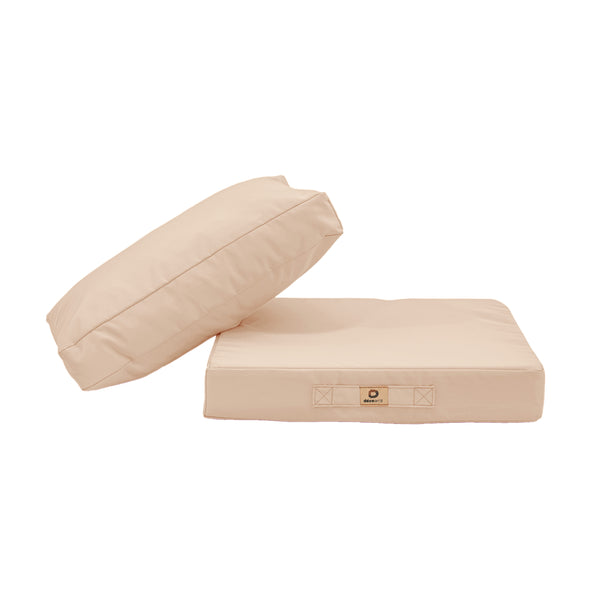 Beige garden chair cushions set, 50x60 cm, for seating and backrest, by Deco-arts.fr, showcasing outdoor comfort.