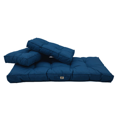 Ensemble de coussins capitonnés bleu pétrole pour banquette, comprenant 1 coussin d'assise et 2 dossiers, épais 15 cm.