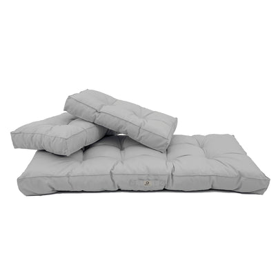 Ensemble de coussins capitonnés gris galet pour banquette, 100x50 cm, épais 15 cm, comprenant une assise et deux dossiers.