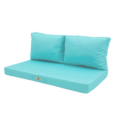 Ensemble de coussins Bleu Caraïbes pour salon de jardin, déhoussables et anti-UV, comprenant 1 assise et 2 dossiers.
