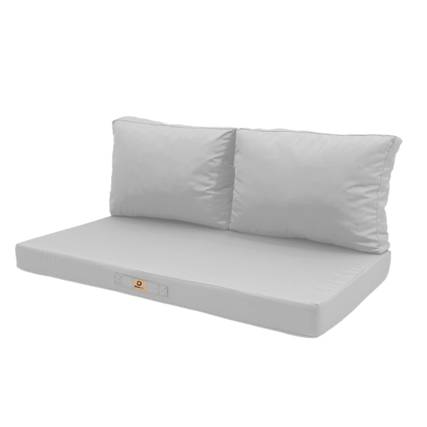 Ensemble de coussins de salon de jardin gris galet, déhoussables et anti-UV, pour fauteuils et canapés, 120x60 cm.