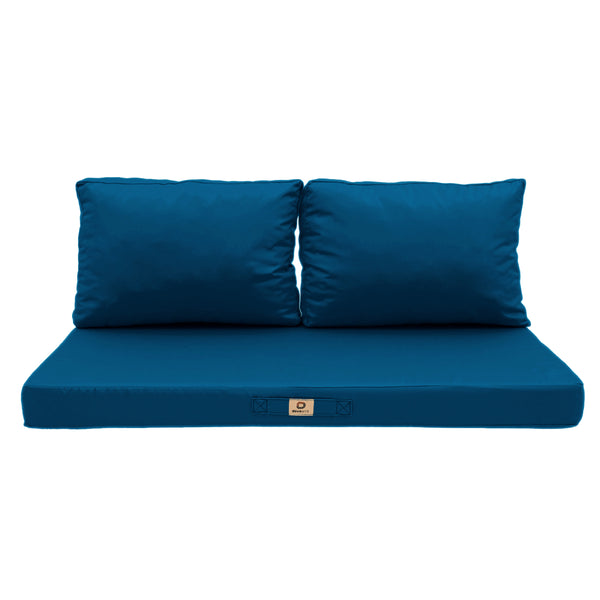 Ensemble de coussins de salon de jardin bleu pétrole, déhoussables et anti-UV, pour fauteuils et canapés, comprenant 1 assise et 2 dossiers.