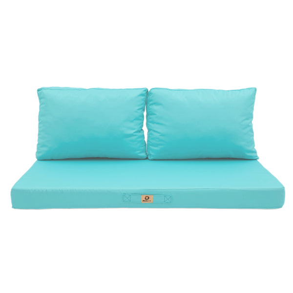 Ensemble de coussins de salon de jardin Bleu Caraïbes, déhoussables et anti-UV, pour fauteuils et canapés, 120x60 cm.