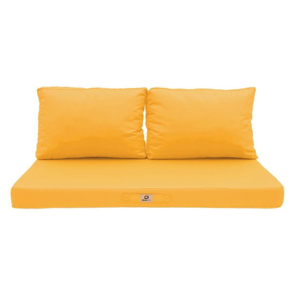 Ensemble de coussins pour salon de jardin jaune, déhoussables et anti-UV, comprenant 1 assise et 2 dossiers, pour fauteuils et canapés.