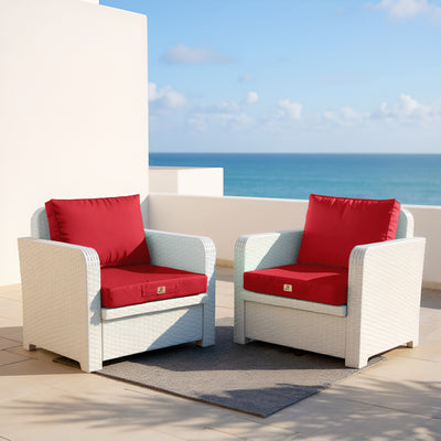 Ensemble de coussins de salon de jardin rouge 60x60 cm, déhoussables et anti-UV pour fauteuils et canapés.