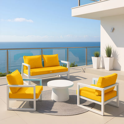Coussins pour fauteuils et canapés de jardin, ensemble jaune 50x50 cm, déhoussables et anti-UV, pour salon extérieur.