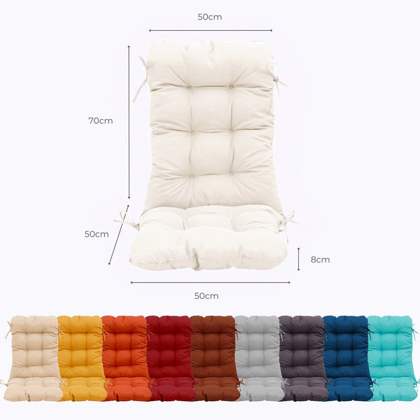 Dimensioni del cuscino sedia con schienale alto: 120 x 50 cm (schienale 70 cm, seduta 50 cm), spessore 8 cm, con i colori disponibili