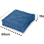 Lot de 2 coussins de sol géants 60x60 cm bleu pétrole, épais 15 cm avec poignées, coussins décoratifs Deco Arts.