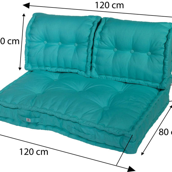 Kit de coussins palette Deco Arts bleu Caraïbes pour fauteuils et canapés, assise XXL épaisse 20cm, 1 assise + 2 dossiers.