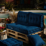 Kit coussins palette Europe Deco Arts, bleu pétrole, 120x80 cm, assise épaisse 20 cm avec dossiers pour fauteuils et canapés.