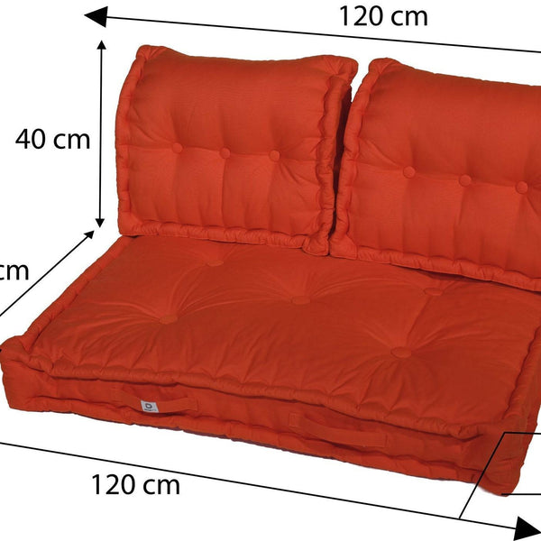 Kit de coussins palette Deco Arts, assise et dossiers orange 120x80cm, épaisseur 20cm pour fauteuils et canapés.