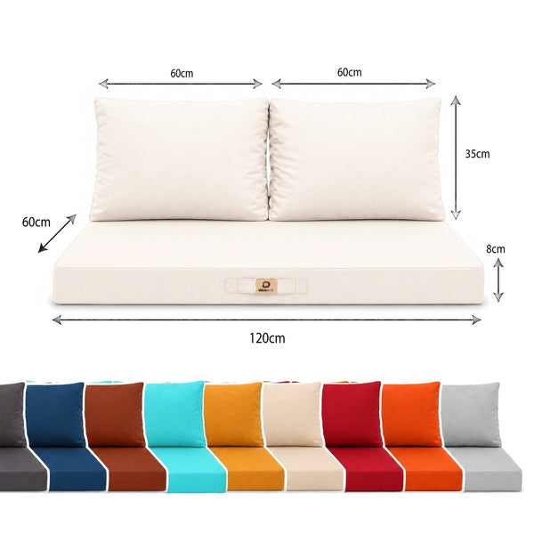 Dimensioni: seduta 120 x 60 cm, spessore 8 cm, 2 schienali 60 x 35 cm, con i colori disponibili