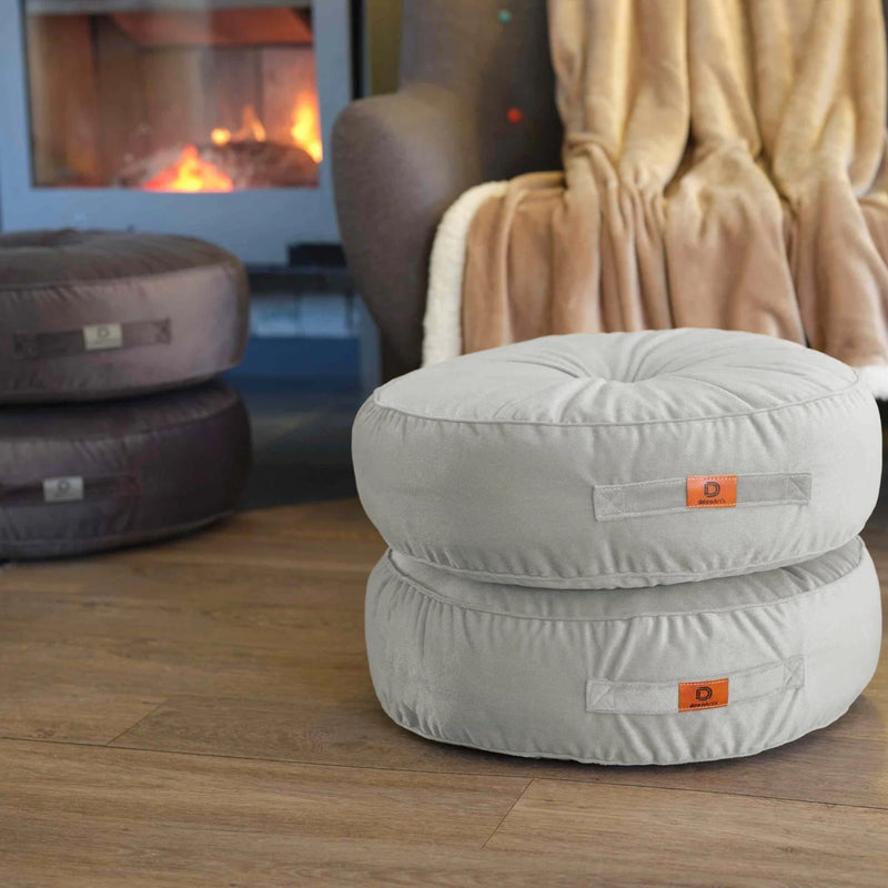 Set di 2 Pouf Rotondi in Velluto Ø50 Grigio Chiaro - (Design Morbido & Maniglia)