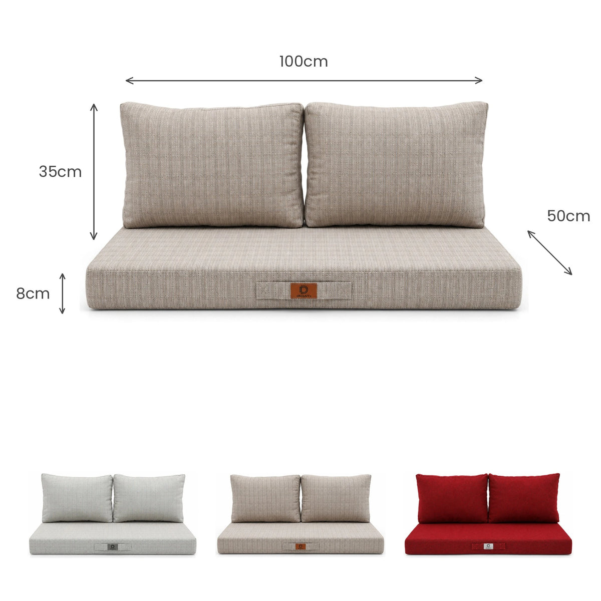 Set Cuscini Salotto da Giardino 100x50 Beige Melange Nero - 1 Seduta + 2 Schienali (Premium 270g) – schema con le misure