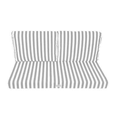 Ensemble de coussins de salon jardin rayés gris clair, composé d'une assise et deux dossiers, pour fauteuils et canapés.