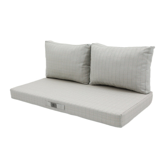 Coussin beige chiné turquoise 100x50 cm en situation extérieure