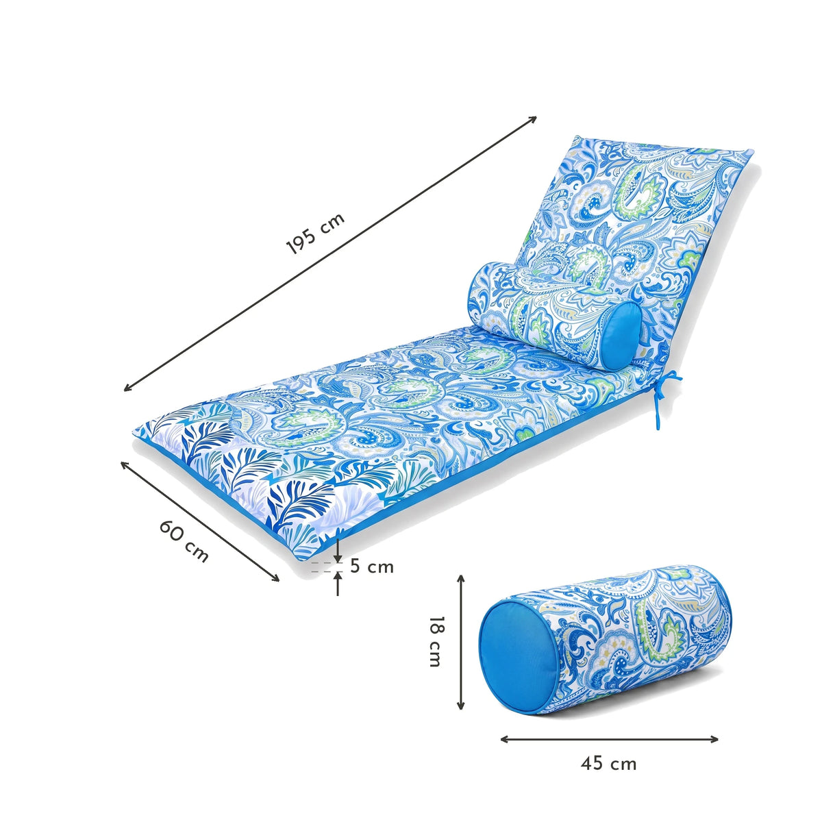 Set di 2 Cuscini Chaise Longue 195x60 Motivo Arabesco + 2 Cuscini Cilindrici - Anti-UV – schema con le misure
