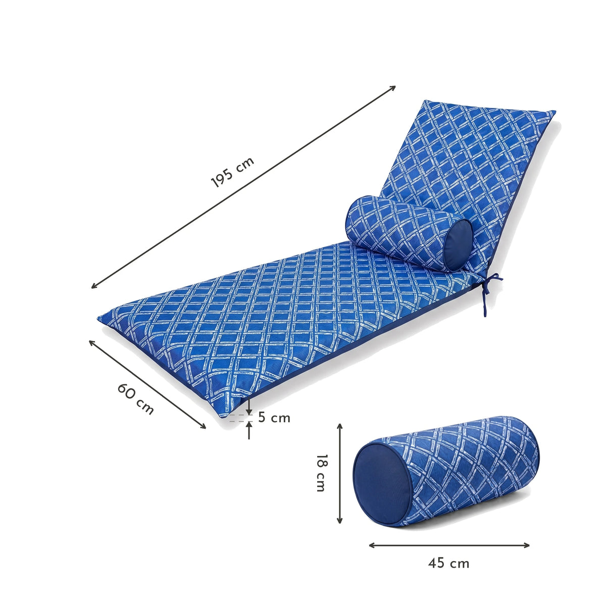 Set di 2 Cuscini Chaise Longue 195x60 Motif Nautique Blu + 2 Cuscini Cilindrici - Anti-UV – schema con le misure