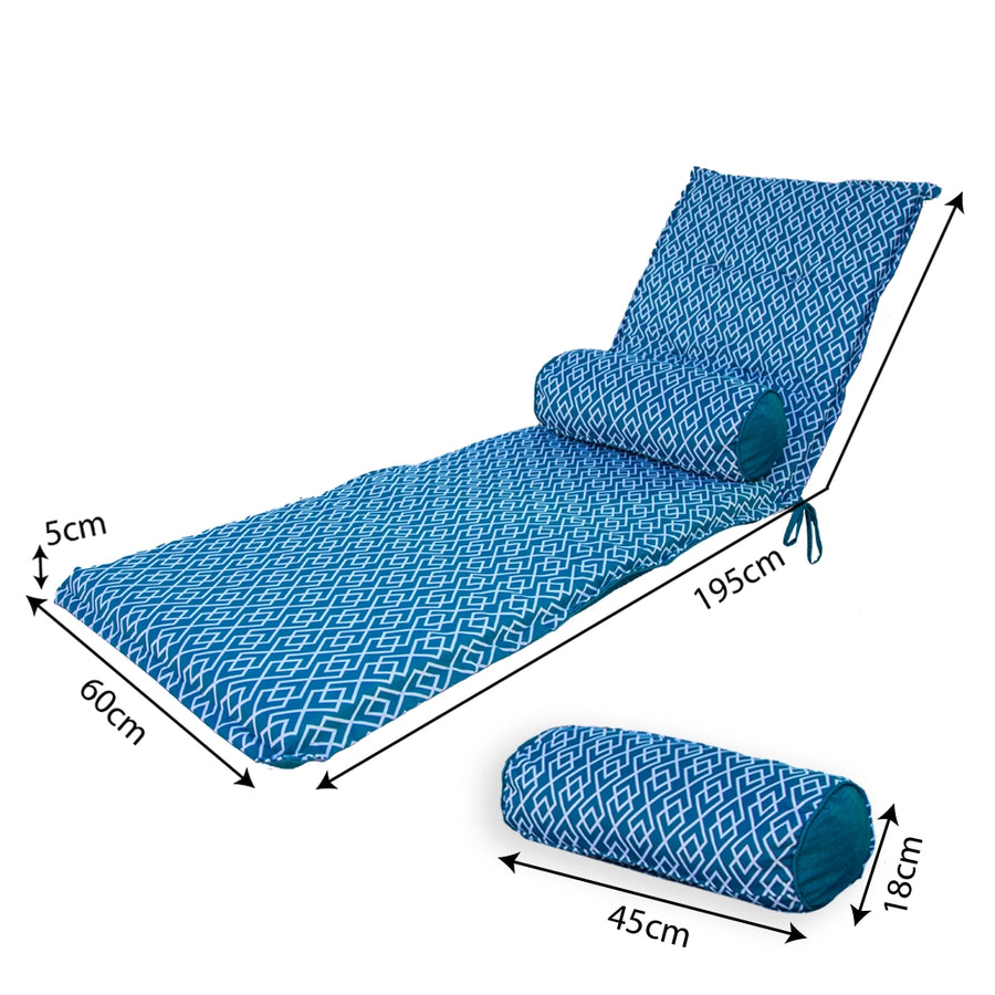 Materassino Sdraio 195x60 Motif Géométrique Verde + Cuscino Cilindrico, certificato OEKO-TEX