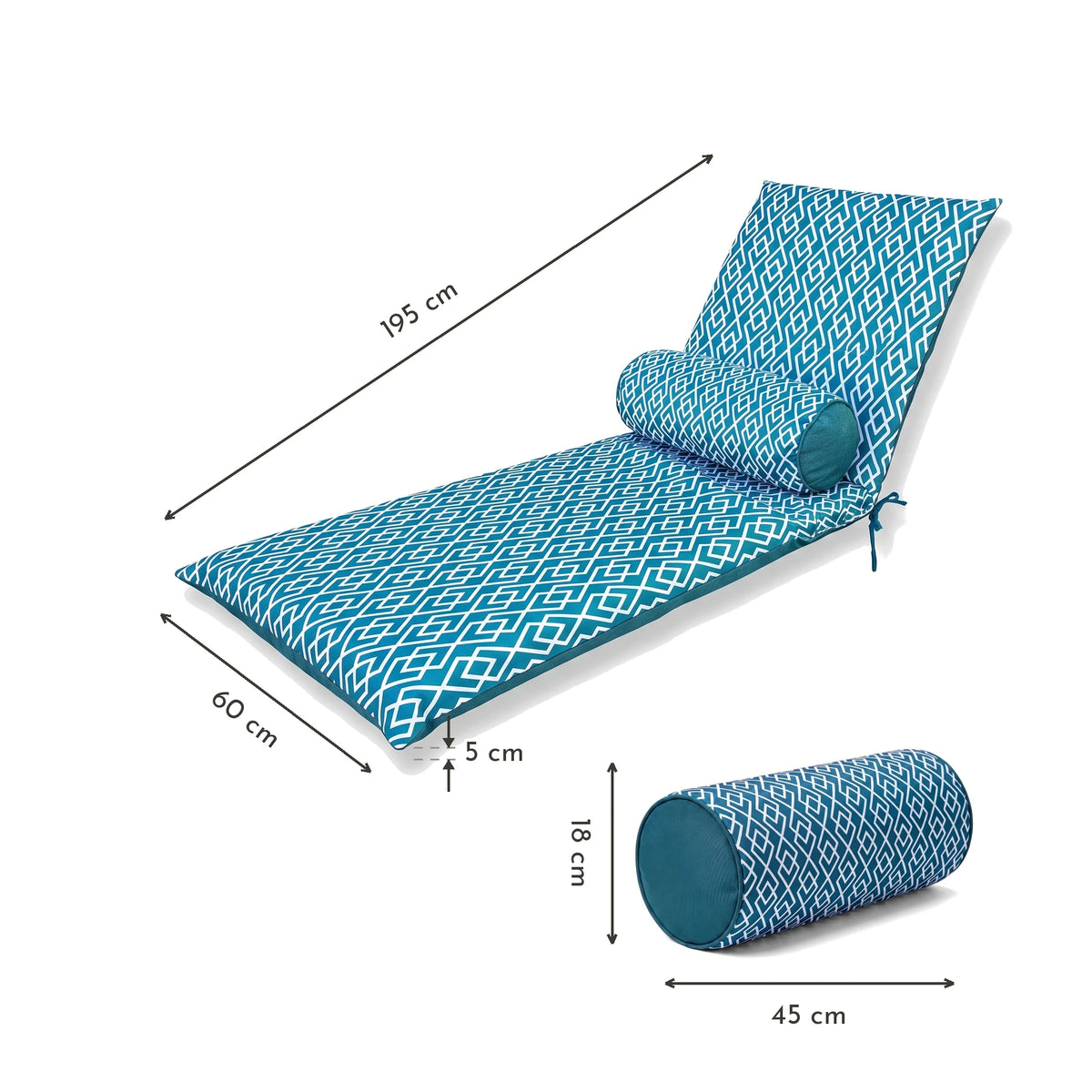 Set di 2 Cuscini Chaise Longue 195x60 Motif Géométrique Verde Turquoise + 2 Cuscini Cilindrici - Anti-UV – schema con le misure