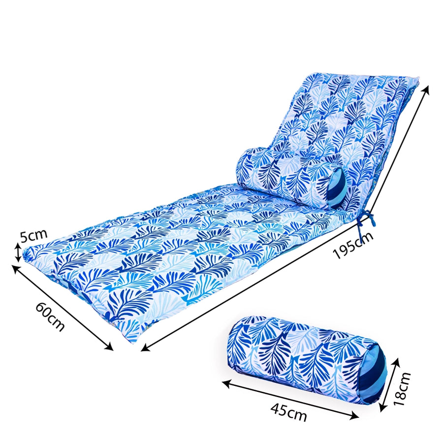 Materassino Sdraio 195x60 Motivo Fogliame Blu + Cuscino Cilindrico, certificato OEKO-TEX