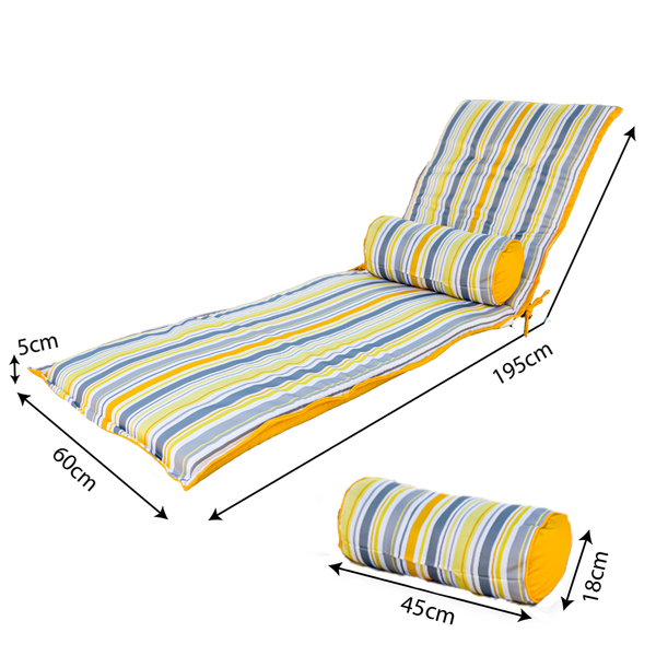 Matelas transat 195x60 cm à rayures solaires avec traversin, anti-UV et déperlant pour bains de soleil.