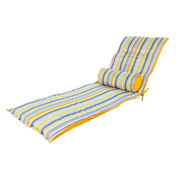 Matelas transat 195x60 cm avec motif rayures solaires, traversin, anti-UV et déperlant pour bains de soleil.