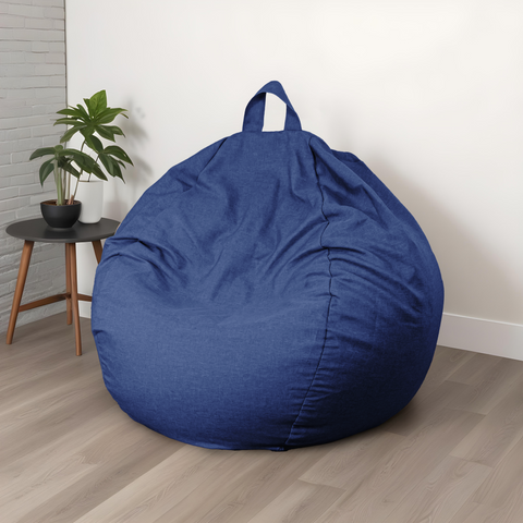 Pouf poire Géant XXL d'intérieur en tissu effet lin - 120x150 cm - Bleu indigo 